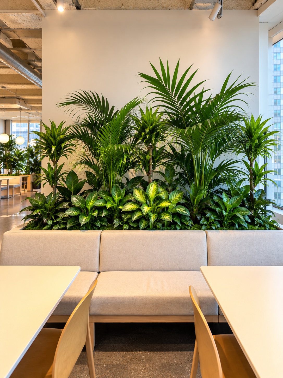 Layered workplace planting behind an upholstered seating area