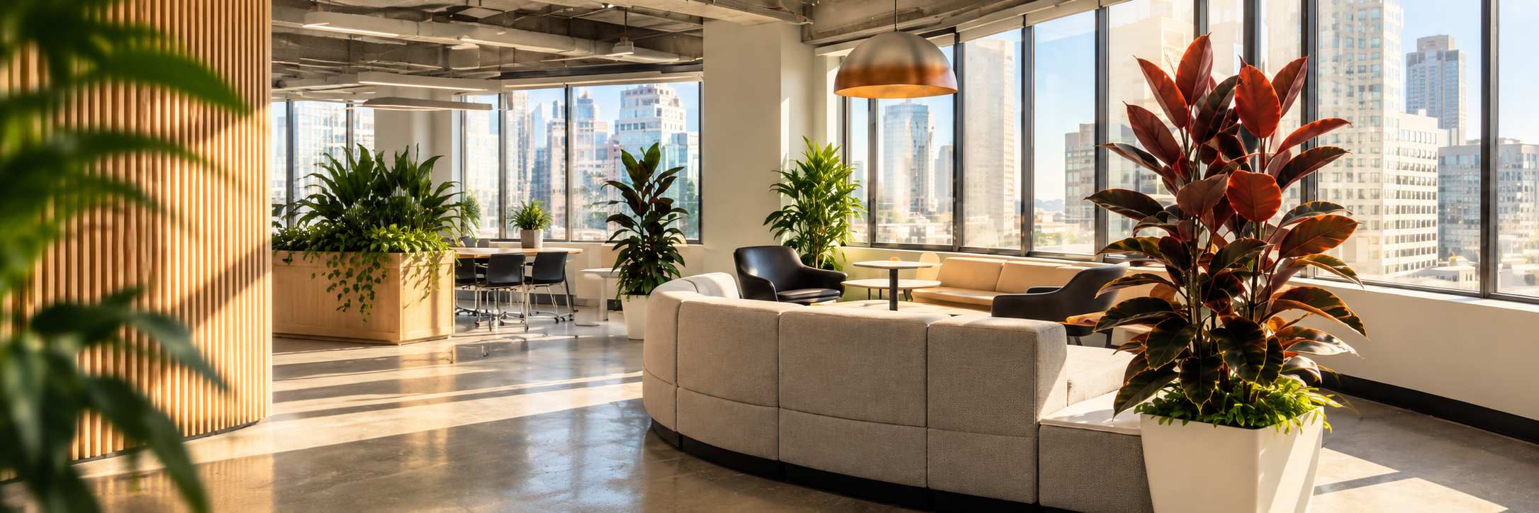 Plants and contemporary seating in a sunlit office lounge